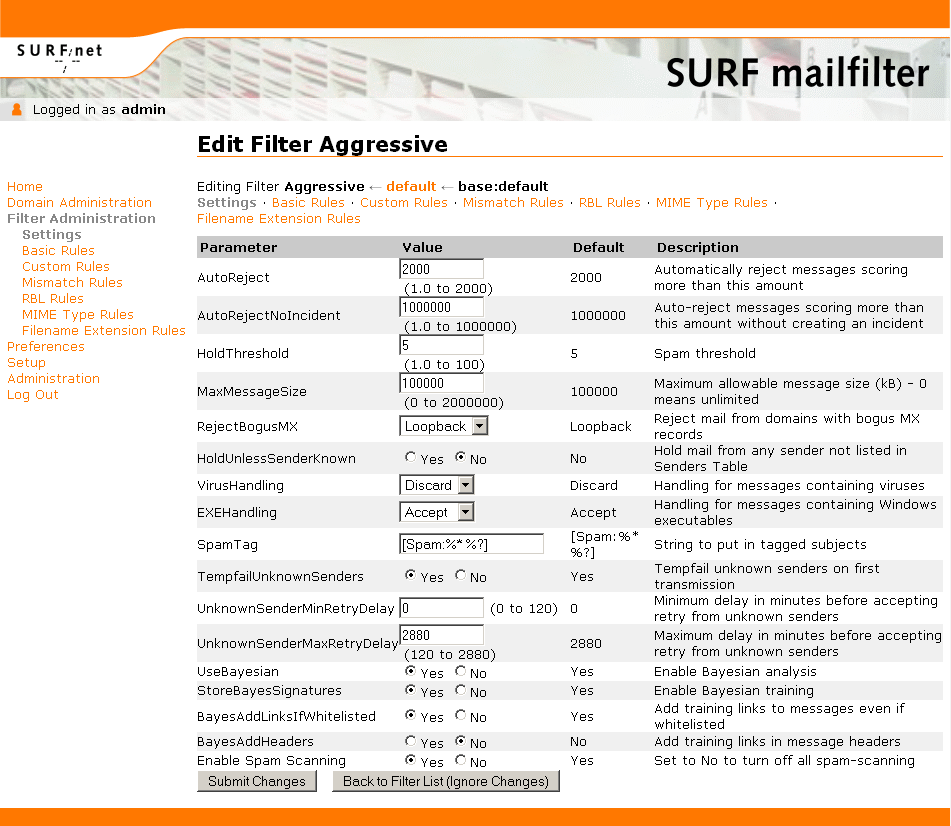 Fig. 9 U kunt nu een aantal aspecten van het filter bewerken: Settings: diverse instellingen Basic Rules: beheer van blacklist en whitelist van hosts, domeinen of adressen Custom Rules: beheer van