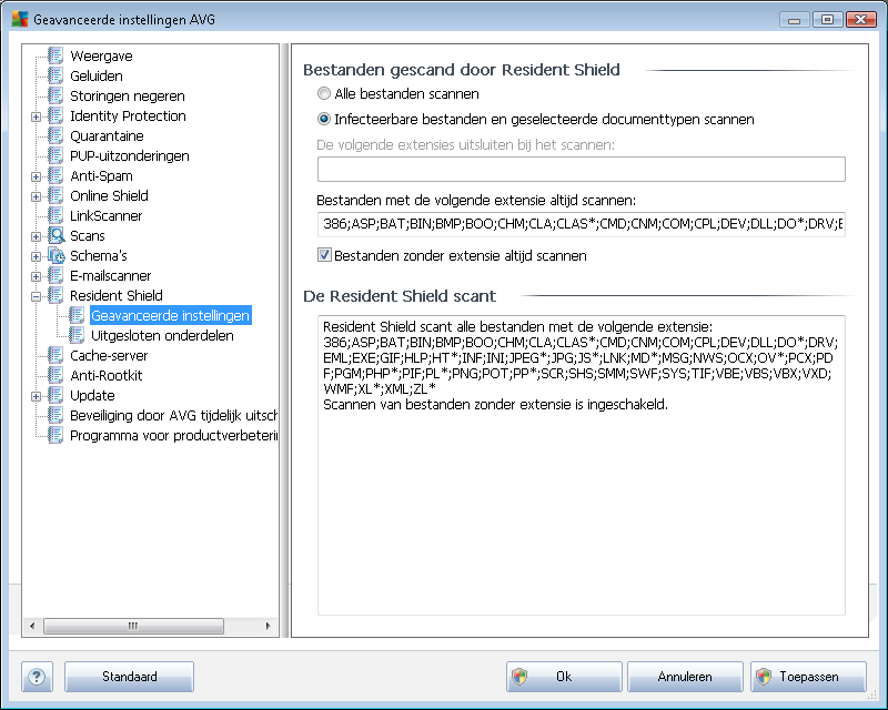 9.13.1. Geavanceerde instellingen In het dialoogvenster Bestanden gescand door Resident Shield kunt u opgeven welke bestanden gescand moeten worden (aan de hand van de extensies): Maak een keuze of u