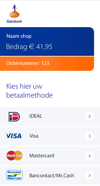 5. Betaalpagina s 5.1 Standaard weergave Om de klant te kunnen laten betalen in de Rabo OmniKassa, moet de webwinkel betaalverzoeken kunnen versturen naar de Rabo OmniKassa-server.