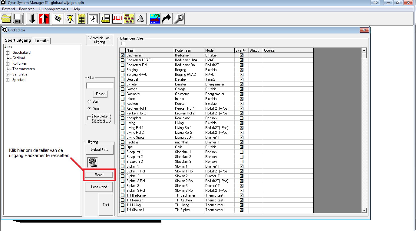 Opmerking: Een reset van de bedrijfsurenteller moet manueel gebeuren via de System Manager, dit kan uitgevoerd