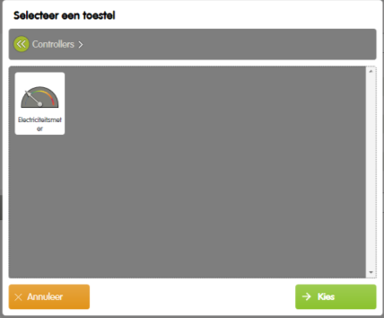 De volgende stap is nu het toestel te selecteren. Dit doet men door op de knop Selecteer toestel te klikken. Vervolgens selecteren we de controller waar de installatie op geprogrammeerd staat.