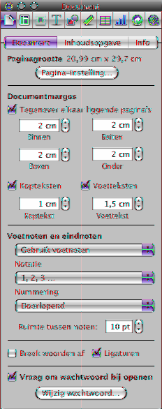 Documentinstellingen beheren Het infovenster 'Document' openen mm Klik op de knop 'Info' in de knoppenbalk en klik vervolgens op de knop 'Documentinfo'. Hiermee opent u het infovenster 'Document'.