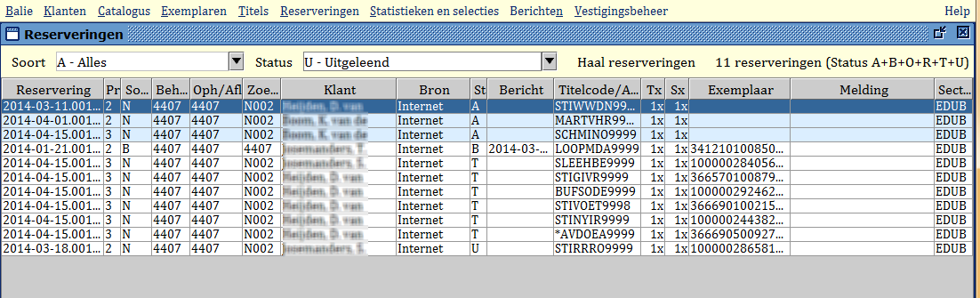 T Transport Reservering is onderweg naar de ophaalvestiging ((= meestal de eigen mediatheek). U Uitgeleend De leerling heeft het gereserveerde materiaal op dit moment geleend.