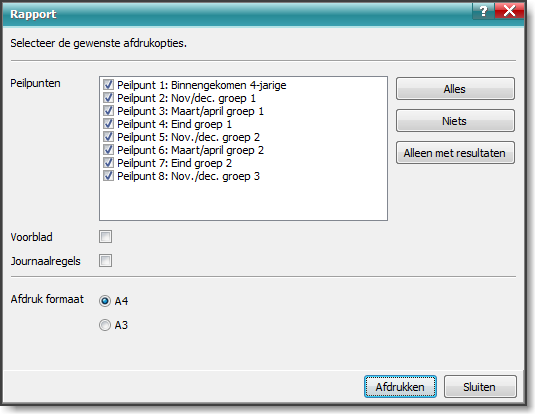 2.9. A: DE SCORING VAN HET EERSTE PEILPUNT 1. Selecteer de peilpunten die u wilt afdrukken. Gebruik eventueel de knoppen Alles, Niets of Alleen met resultaten. 2.