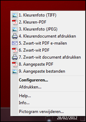 soort scanopdracht selecteren (zie opties snelmenu) soort bestand selecteren: - PDF-doorzoekbaar - PDF - RTF - TIFF Multi-page - JPG/TIFF Singlepage -.