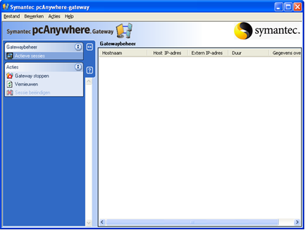 326 Symantec pcanywhere Gateway beheren Informatie over Gatewaybeheer Figuur 14-2 Venster Gatewaybeheer pcanywhere-gateway starten Symantec pcanywhere-gateway wordt standaard in de map Program Files