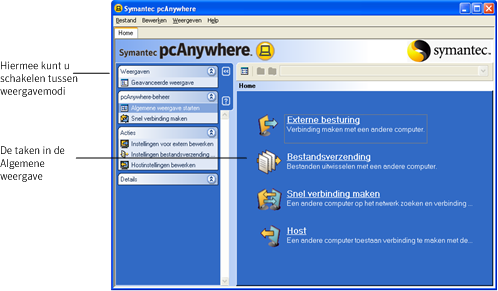 52 Navigeren in Symantec pcanywhere Een weergavemodus selecteren in Symantec pcanywhere Geavanceerde weergave In de Geavanceerde weergave hebt u toegang tot configuratieopties en hulpprogramma's die