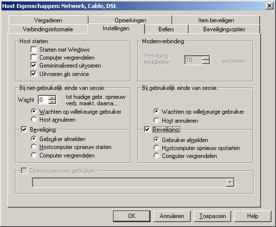 90 Anderen uw computer laten besturen Manieren om een hostcomputer in te stellen 3 Selecteer in het venster Hosteigenschappen op het tabblad Instellingen onder Bij gebruikelijk einde van sessie een