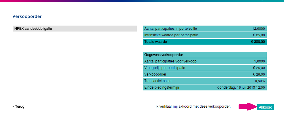 De volgende pagina verschijnt in beeld. Op deze pagina kunt u alles nogmaals rustig nakijken en controleren. Wanneer alles goed staat kunt u op Akkoord drukken.