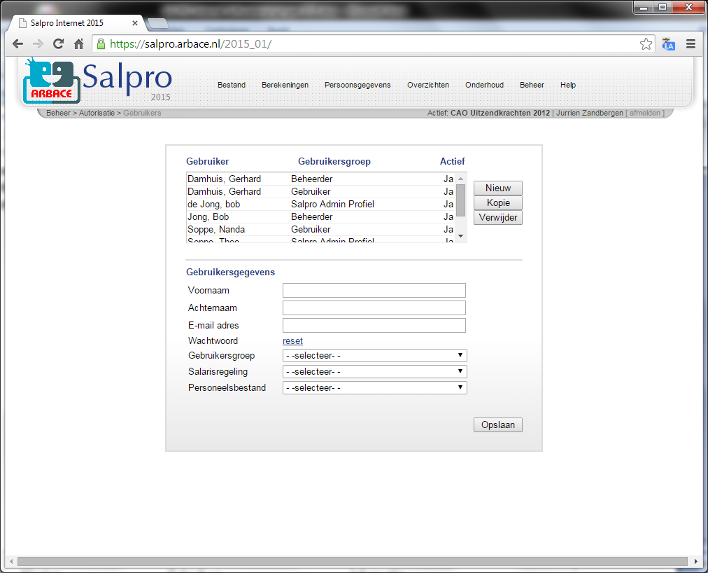 11 Functionele wijzigingen Salpro 2015-01. 11.1 Beheerder, beheer/autorisatie/gebruikers. Een gebruiker kan door de SALPRO Internet administrator op niet actief gezet worden.