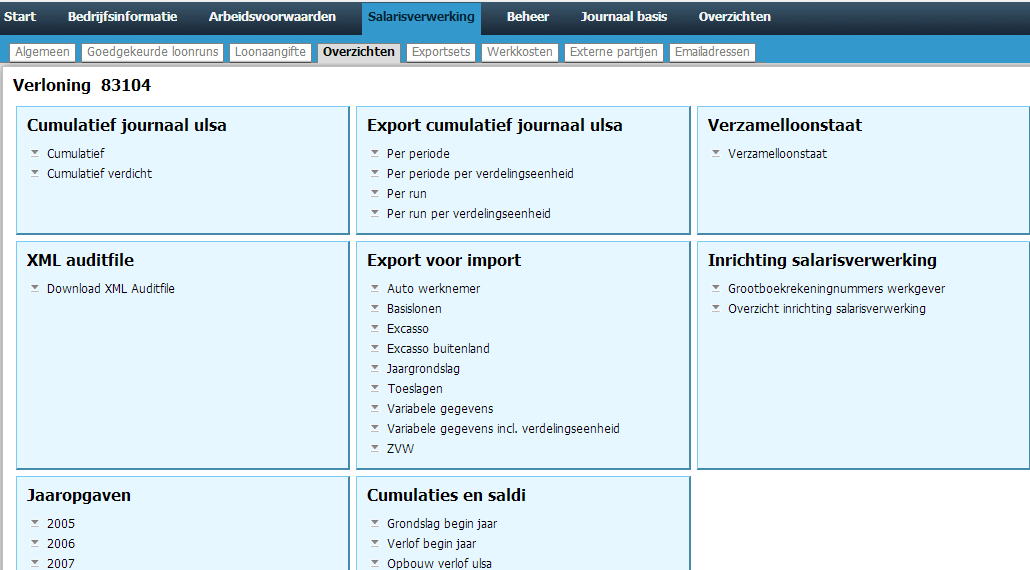 Tabblad Salarisverwerking Tabje Loonaangifte Door op de regel van de periode te klikken kunt u de loonaangifte van die periode openen.