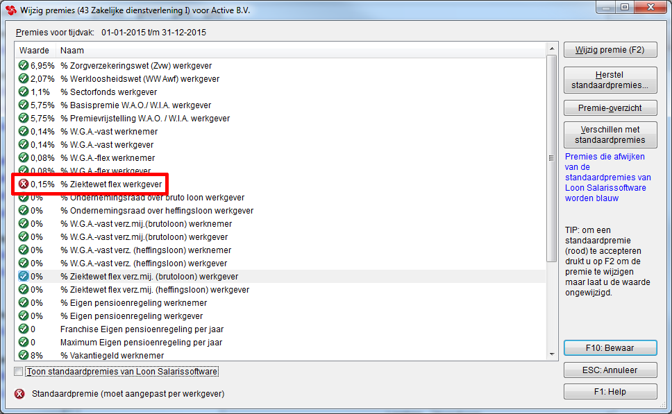 Deze screen dump toont een voorbeeld met één onbekende premie: Ziektewet flex werkgever: Afbeelding: 'Werkgever', tabblad 2, 'Wijzig premies' Komt het premiepercentage in Loon bij Ziektewet flex