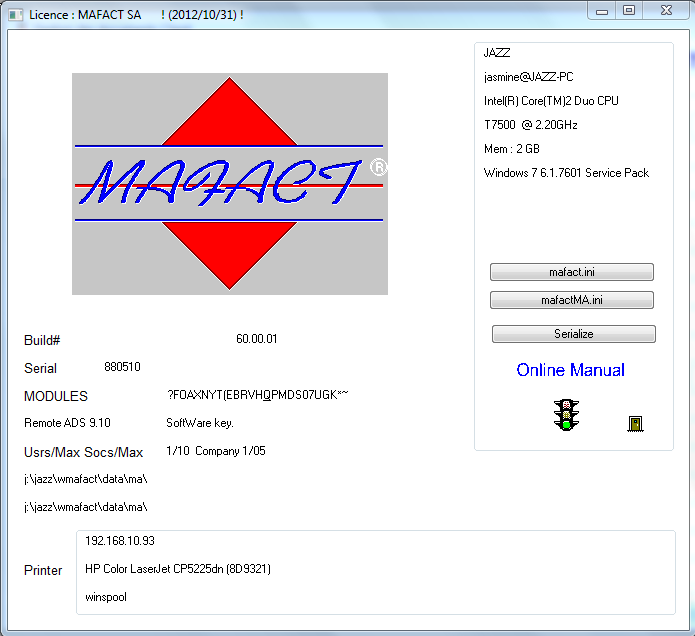 Info Dit menuonderdeel toont u: de versie en de release van mafact, Het serienummer De modules, De plaatselijke versie van de klant / server, De geldigheid van de sleutel, Het