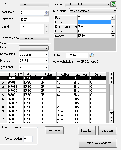 Dubbelklikken op een bepaalde Kring: Automaat opbouwen vanaf 0 Weg vinken als je keuze wil tss verschillende stroomsterktes Snelkeuze Six Digit Gekozen Automaat De gekozen Automaat opslaan Afsluiten