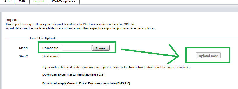 iii. De Excel template uploaden Productfiches publiceren Excel bestand upload Na het invullen van de Generic Excel met alle attribuutgegevens, kunt u het bestand opladen: U krijgt meteen een