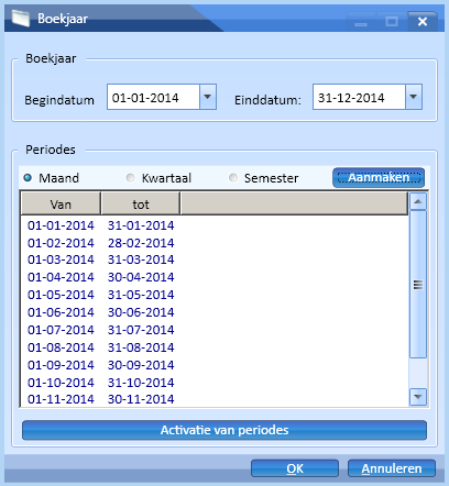 Kies de juiste periodeindeling (maand) en klik op Aanmaken (alleen van toepassing bij gebruik van periodebeheer).