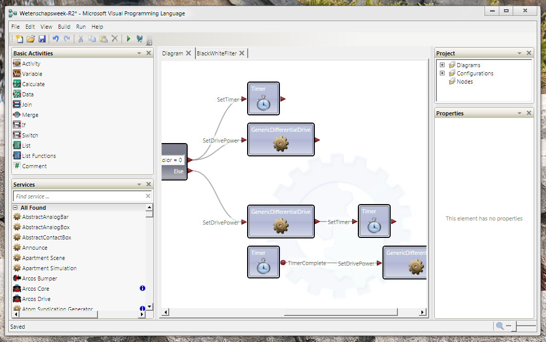 Figuur 3: De Visual Programming Language programmeeromgeving Het Basic Activities gedeelte linksboven bevat een lijst van algemene programmeerblokken.