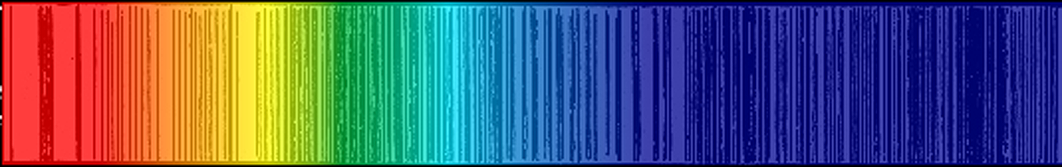 figuur 2: Een door Fraunhofer (1787-1826) getekend spectrum van zonlicht Figuur 3: Elektronen (zwart) bewegen in banen rond een kern die bestaat uit protonen (rood) en neutronen (blauw) n=4 n=3 Nu