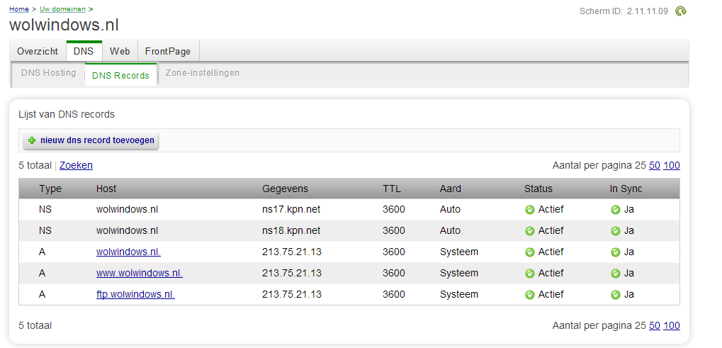 KPN voegt automatisch 3 A-records toe die nodig zijn voor uw webhosting. De records wolwindows.nl en www.wolwindows.nl zorgen er voor dat uw website te benaderen is door in de browser te surfen naar webhostingwindows.