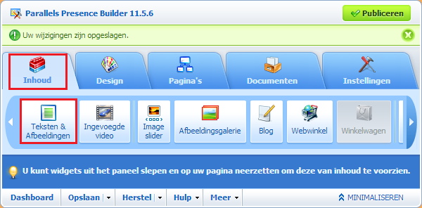2.3.1 Teksten of afbeeldingen plaatsen Om nieuwe teksten of afbeeldingen te plaatsen op uw website gaat u naar Inhoud en