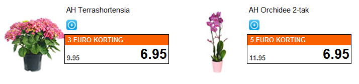 De promotionele acties die worden gebruikt door Albert Heijn zijn: Korting d.m.v. een bonuskaart. Veel kortingen, ook bij bloemen, zijn exclusief voor klanten in bezit van een Bonuskaart.