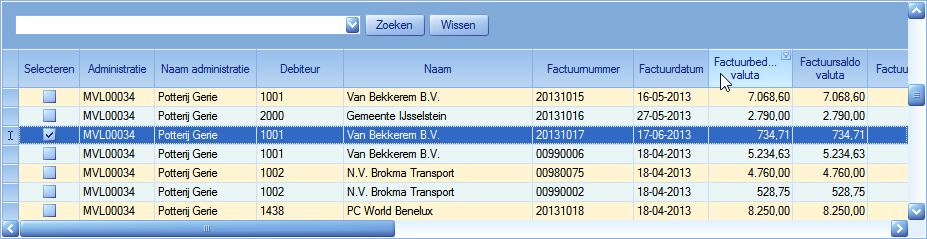 4. U kunt nu twee dingen doen - Selecteer de administratie voor wie de boeking is gedaan, selecteer als deze bekend is de debiteur en de factuur of: - Klik op en selecteer de juiste openstaande