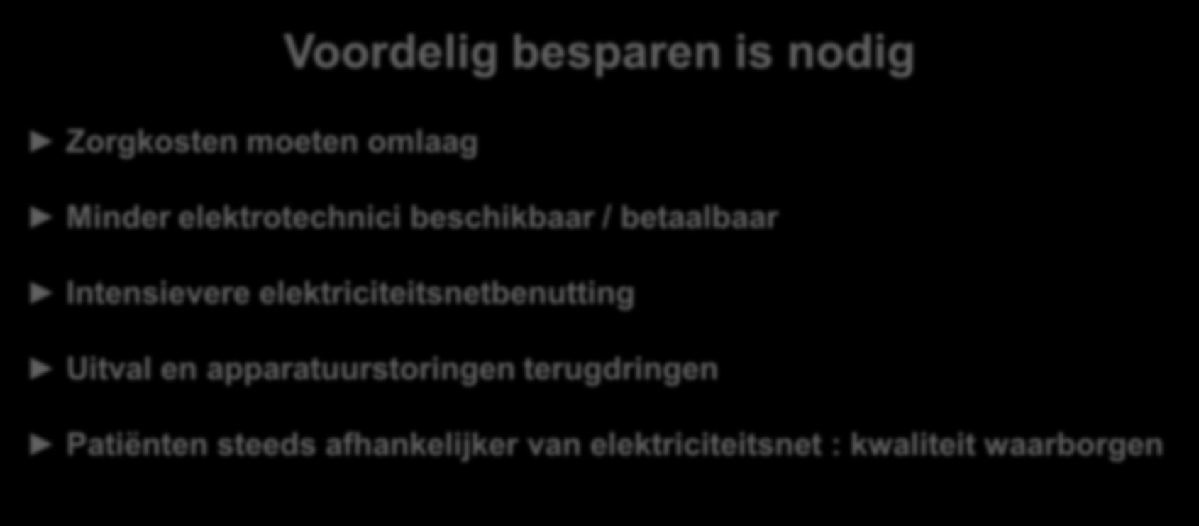 Inexpensive Spare Elektriciteitsnet Voordelig besparen is nodig Zorgkosten moeten omlaag Minder elektrotechnici beschikbaar / betaalbaar Intensievere elektriciteitsnetbenutting Uitval en