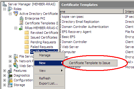 Maak nu op DC_RRAS via server manager op de Cert Auth een kopie beschikbaar van de Ipsec template; Duplicate de template onder de naam Kopie van Ipsec. Kies voor de Windows server 2008 edition.