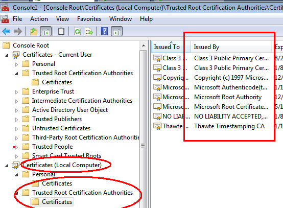 Open nu m.b.v een MMC op zowel Win7_RRAS als op Member_RRAS het vers geïmporteerde certificaat. Constateer dat dit certificaat wordt aangemerkt als Cannot be verified.