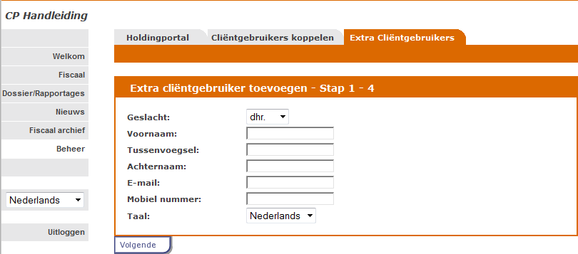 Met de knop kunt u een nieuwe extra cliëntgebruiker toevoegen. U ziet het onderstaande venster waarin u in drie stappen de gegevens en rechten van de gebruiker kunt vastleggen.