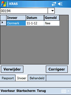 Informatie per dier Als in het startscherm op de knop Per Dier wordt getikt, verschijnt een informatiescherm met linksboven een keuzelijst voor dieren (zie scherm links).