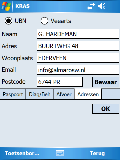 Op het tabblad Adressen kunt u het adres van uw bedrijf (UBN) opslaan en ook het adres van uw dierenarts.
