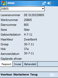 Kiezen van dier voor invoer In alle invoerschermen kan linksboven een dier worden gekozen uit een drop-down lijst (tik op pijltje naast Kies Dier).