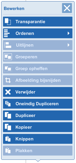 Onderaan in de Basismenubalk staat de knop Bewerken (dezelfde knop Selecteren als in de Gereedschapsbalk!!), die voor het geselecteerde object gebruikt kan worden.