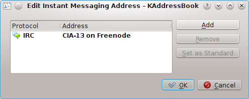 3 Klik hier. De dialoog Instant Messaging-adressen bewerken wordt geopend. Raadpleeg het handboek van KAddressBook voor meer informatie over hoe u het KDEadresboek gebruikt.