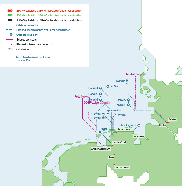 Uitbreiding offshore-net DE EUR 5-6 miljard in komende 10 jaar Projecten Vermogen (MW) In aanbouw/toegekend Operationeel (planned) BorWin2 800 (DC) 2015 DolWin1 800 (DC) 2014