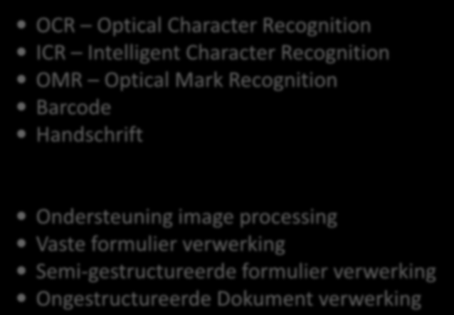OCR Technieken OCR Optical Character Recognition ICR Intelligent Character Recognition OMR Optical Mark Recognition Barcode Handschrift