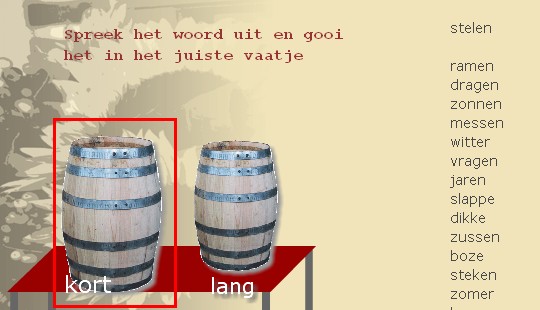 Fig. 35 Voorbeeld van een spel op open en gesloten lettergrepen. De ton wordt groter als het correct is. Indien fout, blijft het woord staan in de ton. 2.10.