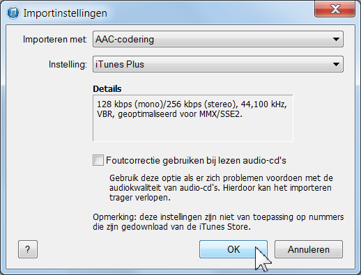 12 In dit voorbeeld wordt ervoor gekozen de cd te importeren met AAC-codering en de instelling itunes Plus. U kunt natuurlijk zelf een ander bestandsformaat kiezen.