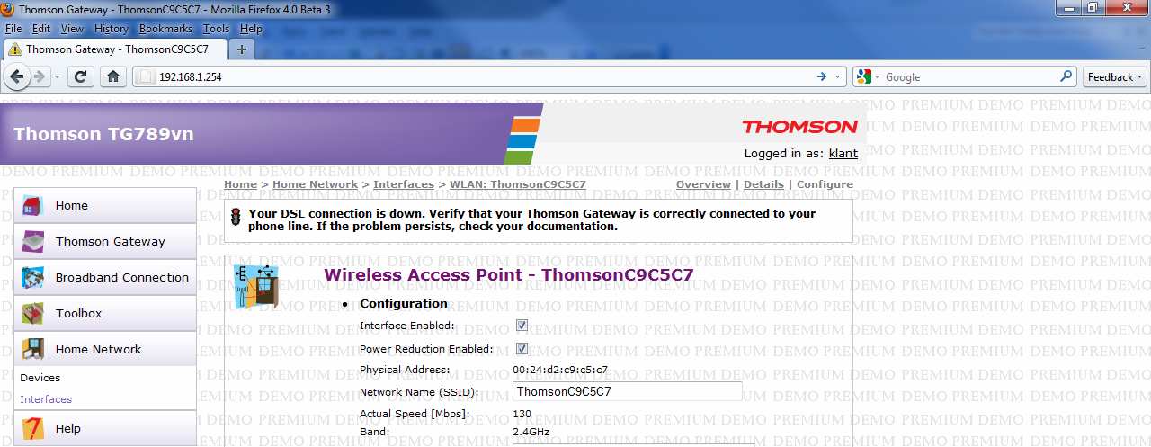 2. Typ in de adresbalk van uw internetbrowser het volgende adres: http://192.168.1.254. U ziet nu een inlogscherm. 3. Klik links in het menu op Home Network. 4. Klik op WLAN: ThomsonXXXXXX. 5.