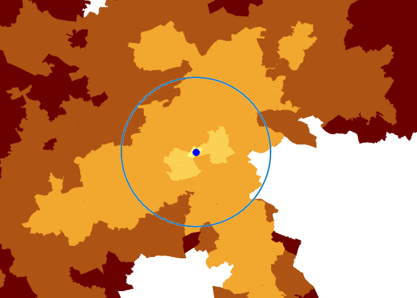 Figuur 5.9: Reistijd-isochroonkaarten Kerkenbos met de auto (links)/ov (rechts) tijdens spitsuren (Goudappel Coffeng, 2013).