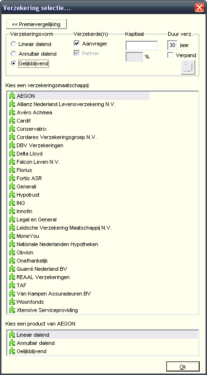 U voert de gewenste situatie in, waarna u op de reken knop klikt. Hypobox rekent vervolgens voor alle partijen uit hoeveel de premie bedraagt.