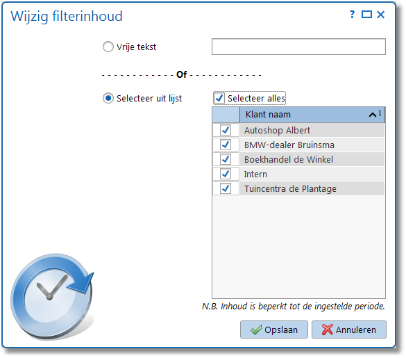 Extra selectie filter De inhoud van een rapport kan worden beperkt m.b.v. een Extra selectie filter. Op deze wijze kan b.v. een rapport met de uren van slechts 1 klant worden afgedrukt.