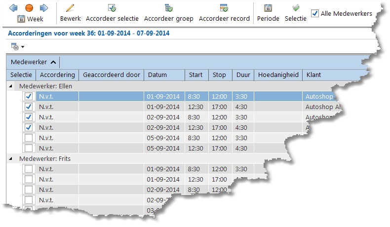 TimeWriter Professional Wanneer in de knoppenbalk het vinkje Alle medewerkers wordt aangezet dan verdwijnt de medewerkerslijst en worden alle te accorderen urenboekingen van alle medewerkers waarvoor