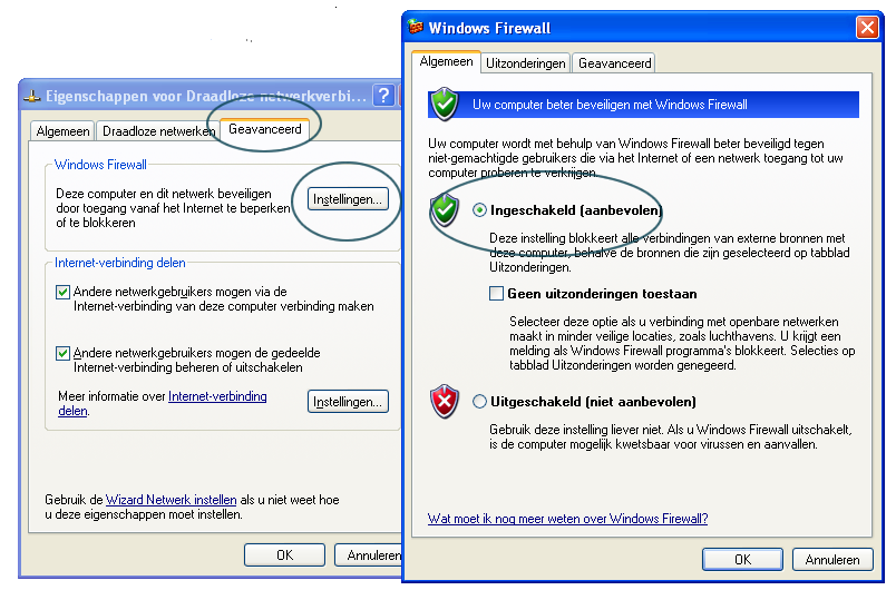 Het windows firewall menu opent (zie onderstaand voorbeeld).