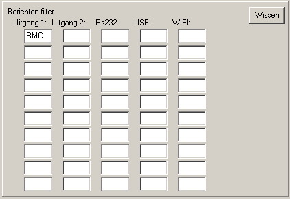 4.4 De filtering instellen ( tab filter ) In dit blok kunt instellen welke nmea berichten moeten worden tegengehouden. Per uitgang kunnen 10 berichten worden ingesteld.