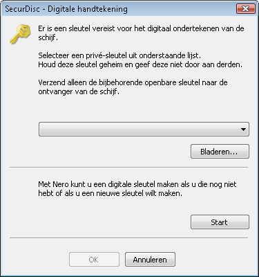 Dataschijf 2. Als u al een digitale sleutel hebt gemaakt, klikt u op de knop Bladeren en selecteert u de sleutel. 3. Als u een digitale sleutel wilt maken, klikt u op de knop Start.
