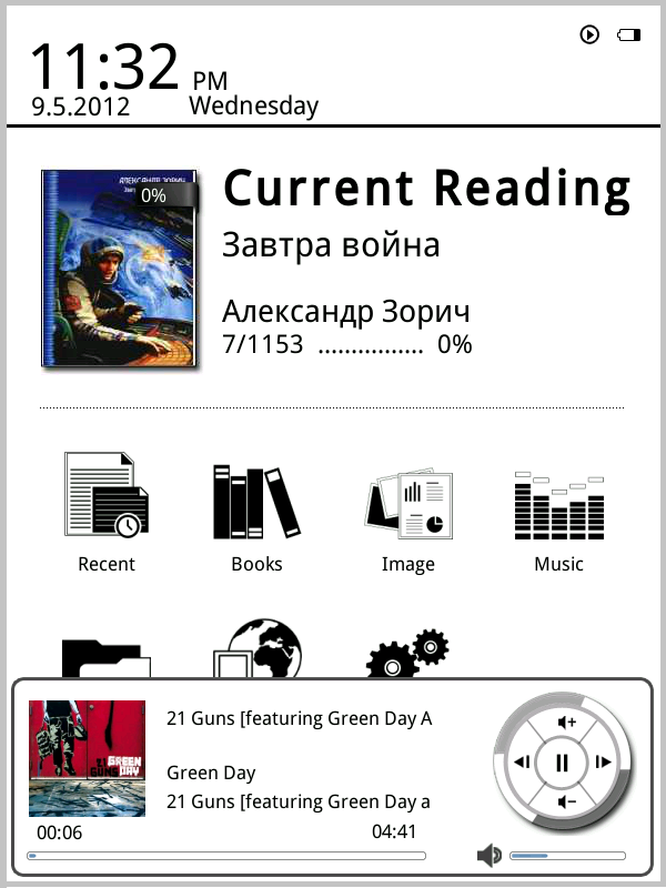 Muziek Muziek toont alle muziekbestanden die op de e-reader opgeslagen zijn, in een lijst- of miniatuurweergave.
