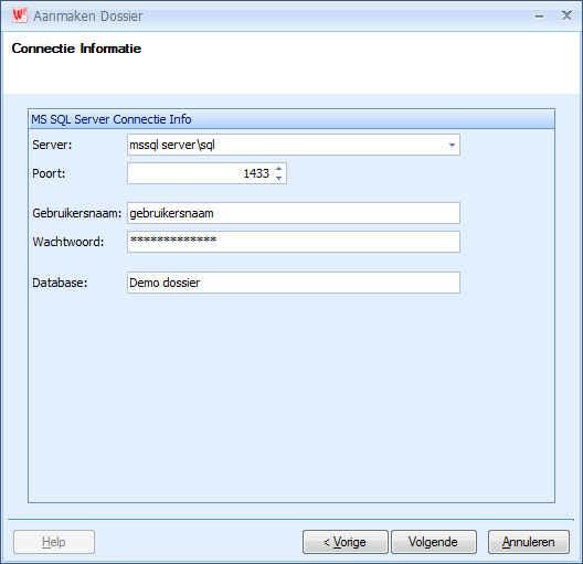 Bij de keuze voor MS SQL Server verkrijgt u onderstaand venster. Selecteer een MS SQL Server uit het netwerk door middel van het uitschuifkeuzevenster [Server].