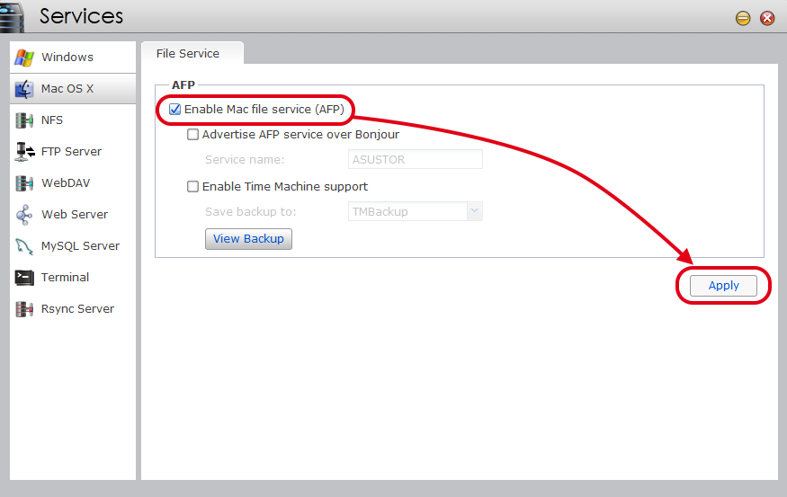 1.3 AFP-service inschakelen STAP 1 Meld u aan bij ADM en selecteer vervolgens [Services] [Mac OS X].